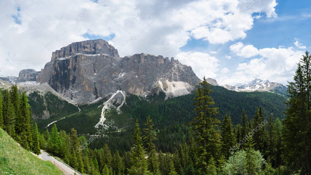 Panorama of the Sella massif on the way to Sella Pass in Dolomit