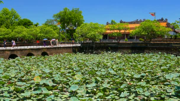 Hue Citadella bejárati híd látogatókkal és lótuszvirágokkal a tóban. 4K felbontás. Vietnam — Stock videók