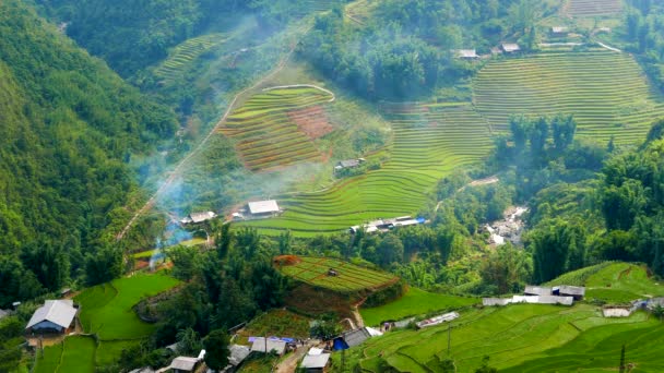 Вид на долину з зеленими рисовими терасами і селом. Сапа, В "єтнам, 4К резолюція — стокове відео
