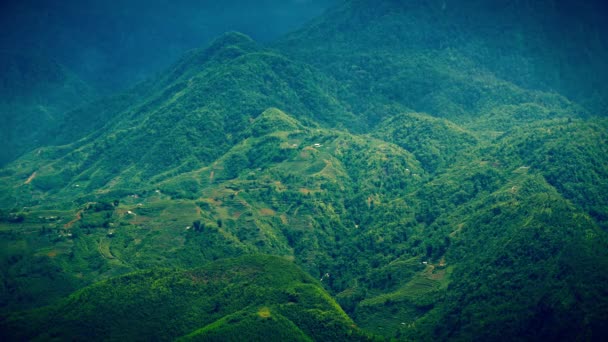 हिरव्या तांदळाच्या टेरेस आणि घरे असलेल्या टेकड्यांचा रेट्रो देखावा. सापा, व्हिएतनाम, 4K रिझोल्यूशन — स्टॉक व्हिडिओ