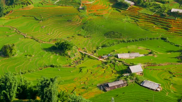 Vista do vale com terraços de arroz verde, ponte e aldeia. Sapa, Vietnã, junho de 2015. Resolução 4K — Vídeo de Stock