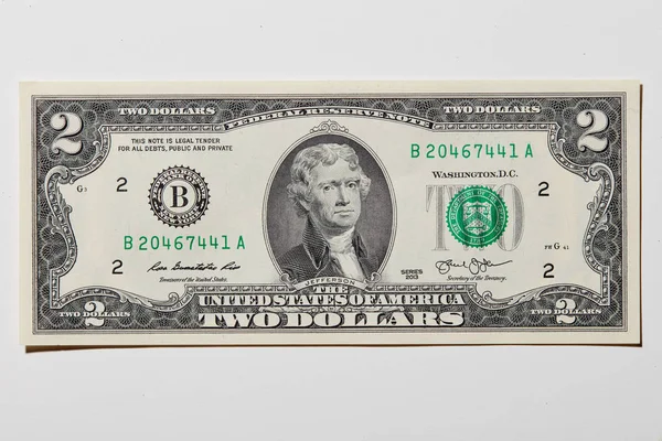Due Dollari Banconota Sfondo Bianco — Foto Stock