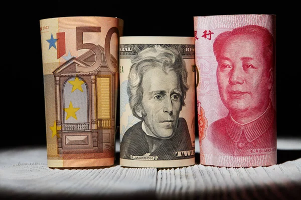 Usd Eur Och Yuan Räkningar — Stockfoto