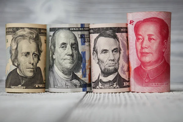 Monnaie Chinoise Yuan Dollars Américains Billets Américains — Photo
