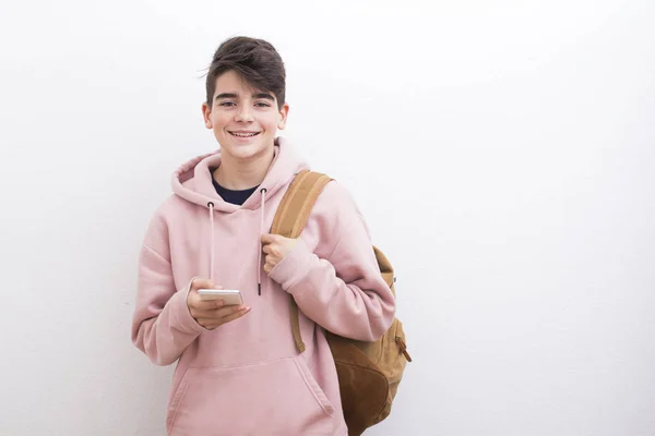 Tiener Student Met Boeken Witte Muur — Stockfoto