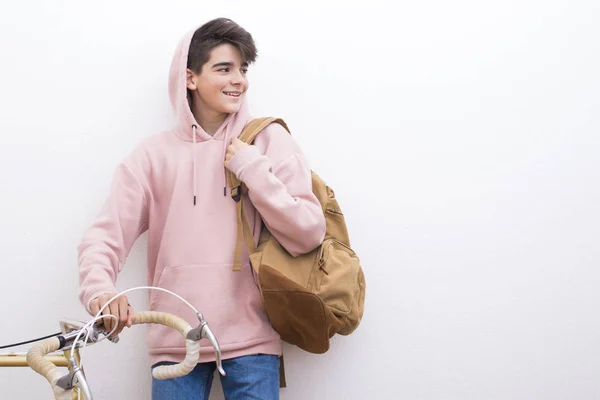 Young Student Backpack Bicycle White Wall — Stock Photo, Image