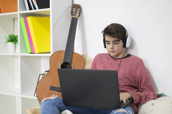 Teenager Student Working Computer Home — Stock Photo, Image