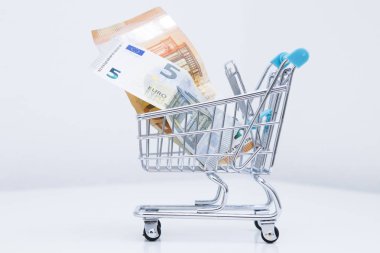 alışveriş sepeti banknotlar, giderleri ve Satınalmalar kavramı ile