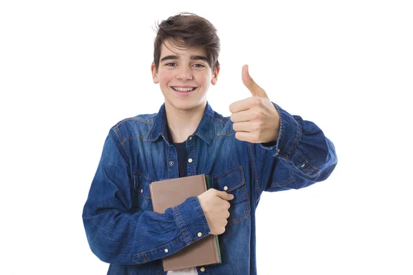 Estudiante Con Libros Signo Bien Blanco Aislado — Foto de Stock