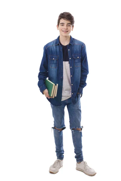 Tonåring Student Med Böcker Isolerade Vitt — Stockfoto