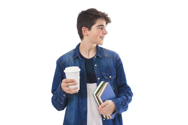 Adolescente Estudiante Con Libros Aislados Fondo Blanco — Foto de Stock