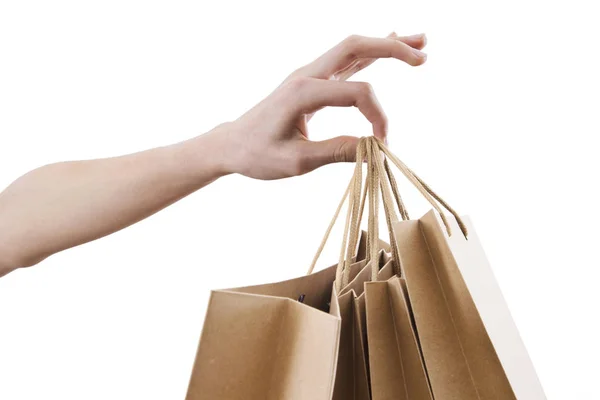 Manos Con Bolsas Aisladas Blanco — Foto de Stock