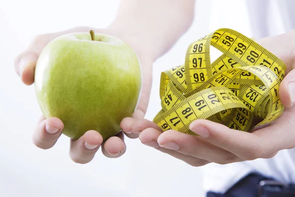 Manos Con Cinta Métrica Apple Concepto Dieta Saludable Adelgazamiento —  Fotos de Stock