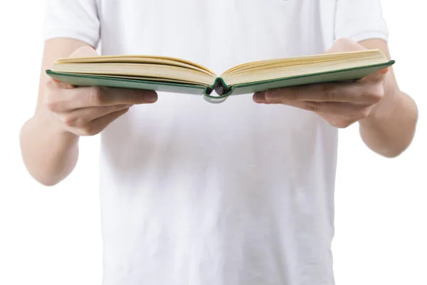 Mãos Com Livro Aberto Isolado Branco — Fotografia de Stock