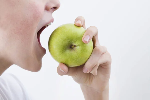 Mouth Biting Apple White Space — Stock Photo, Image