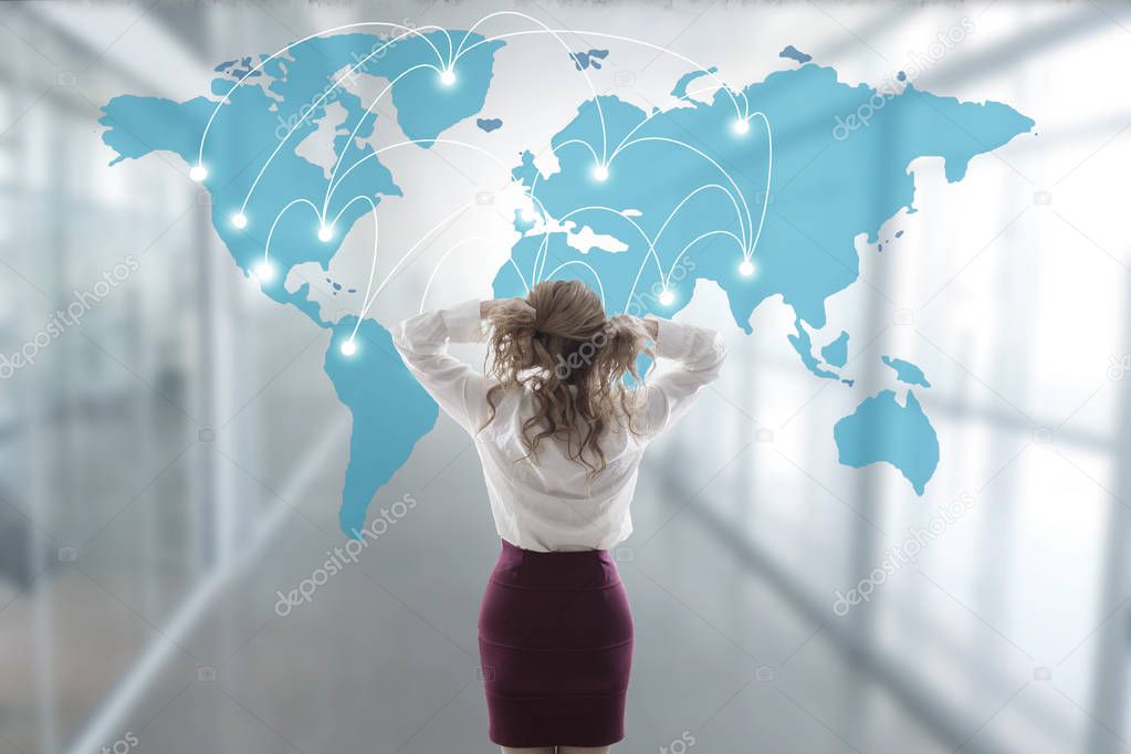 business woman stressed out with the map and international network