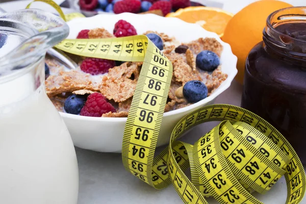 Maßband Mit Gesundem Frühstück Ernährungskonzept — Stockfoto