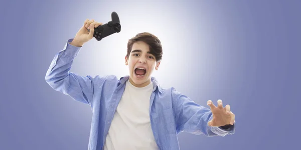 Jonge Man Met Console Opdracht Spelen Van Videospellen — Stockfoto