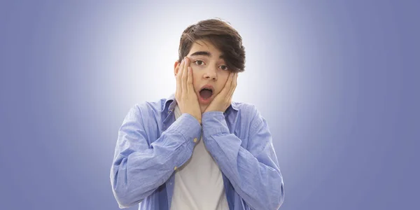 Portrait Young Man Surprise Expression Blue Background — Stock Photo, Image