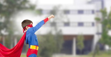 boy in superhero costume and college, back to school clipart