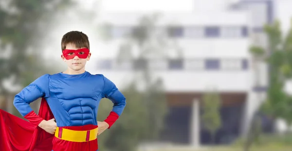 Niño Traje Superhéroe Universidad Vuelta Escuela — Foto de Stock