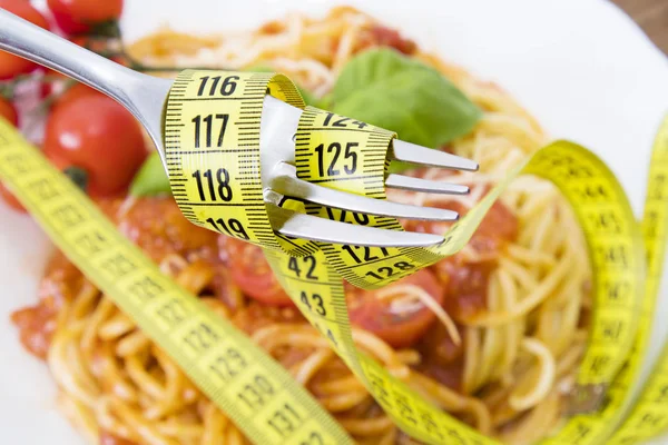 Gabel Mit Maßband Und Lebensmittelhintergrund Diätkonzept — Stockfoto