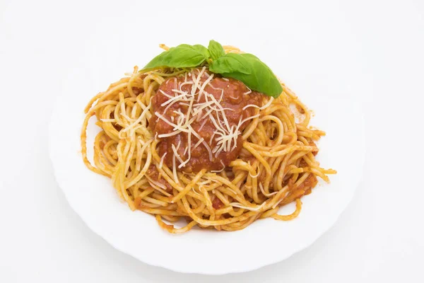 Spaghetti Dish Bolognese Sauce Basil Leaf — Stock Photo, Image