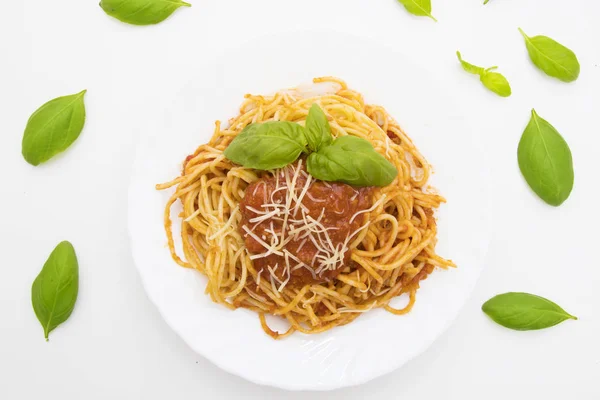 Spaghetti Dish Bolognese Sauce Basil Leaf — Stock Photo, Image
