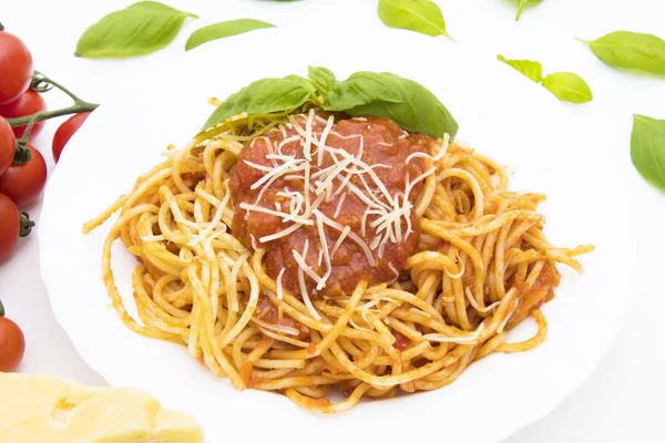 Plat Spaghetti Sauce Bolognaise Feuille Basilic — Photo