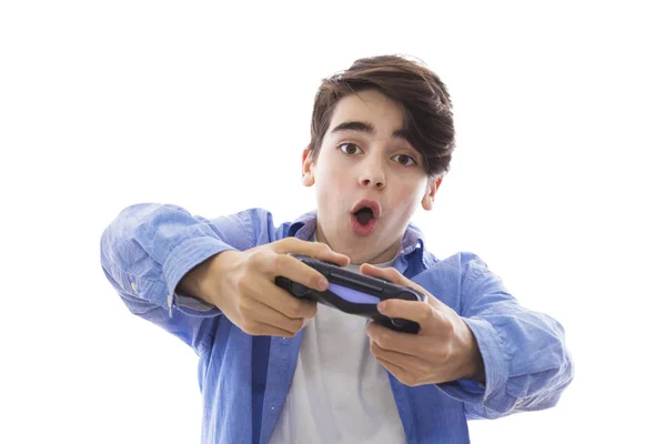 Video Games Portret Van Jonge Met Videospel Joystick — Stockfoto