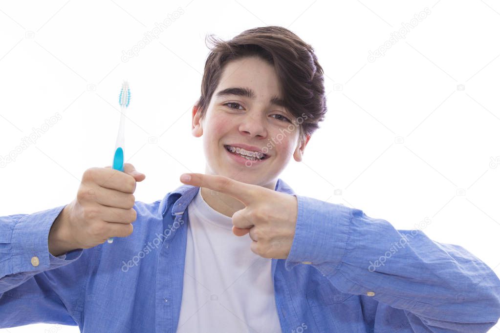 young with toothbrush and braces, health and mouth care