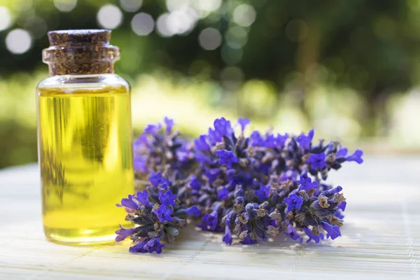 Barattoli Olio Essenza Lavanda Con Bouquet Fiori Lavanda Naturale — Foto Stock