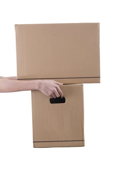 Handen Met Kartonnen Dozen Geïsoleerd Witte Achtergrond Verplaatsen — Stockfoto
