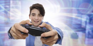 young man playing with the joystick of video games clipart