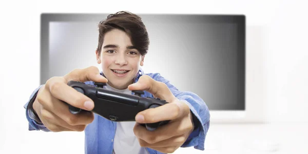 Ung Man Spelar Med Joysticken Videospel — Stockfoto