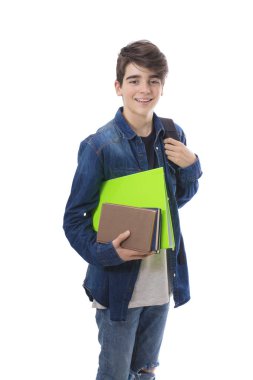 Beyaz arka planda izole kitap ile öğrenci