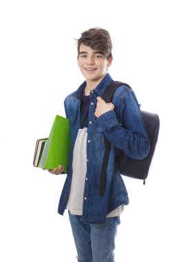 Beyaz arka planda izole kitap ile öğrenci