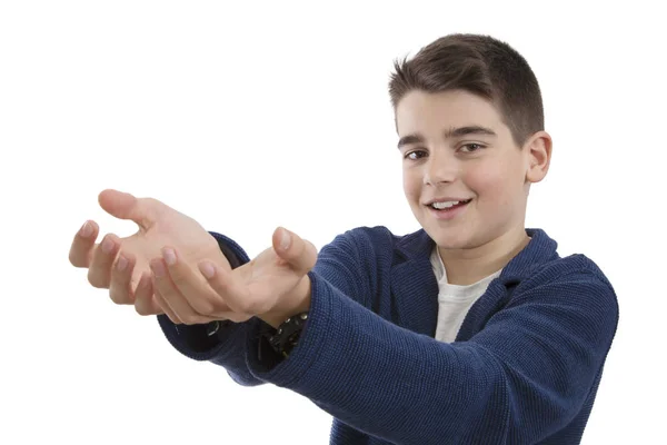 Enfant Avec Les Mains Étendues Isolées Fond Blanc — Photo