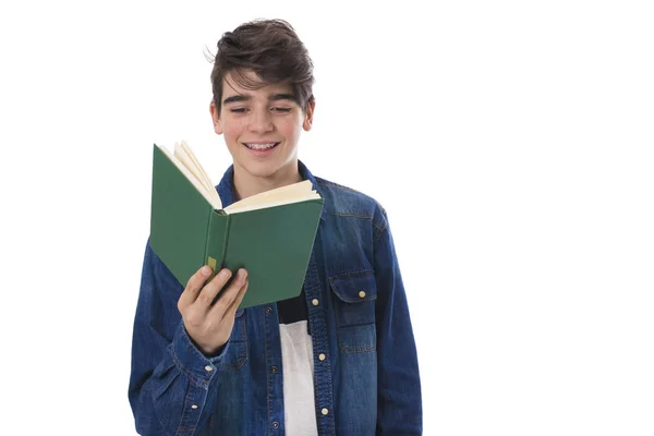 Student Tiener Met Boeken Glimlachend Geïsoleerd Leeg — Stockfoto