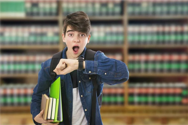 Estudante Com Livros Olhando Para Relógio Surpreso Com Cronograma — Fotografia de Stock