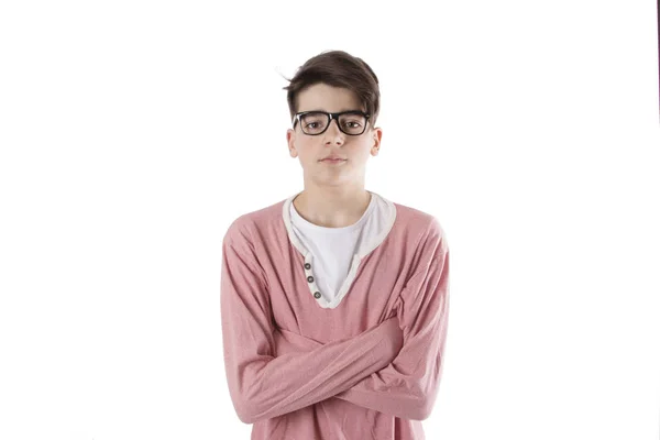 Tonåring Med Glasögon Och Mode Hängslen Den Vita Väggen — Stockfoto