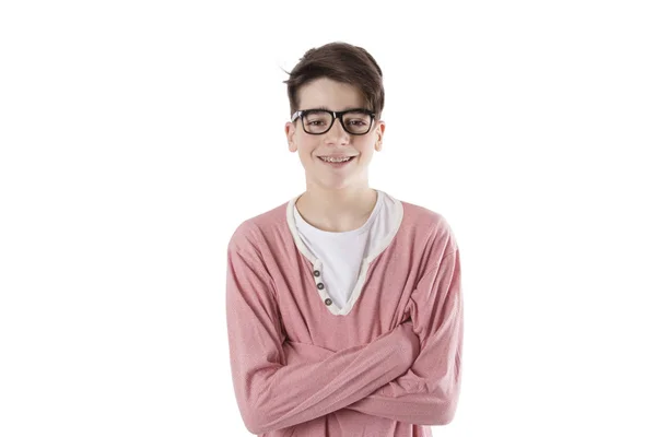 Adolescent Avec Des Lunettes Des Bretelles Mode Sur Mur Blanc — Photo