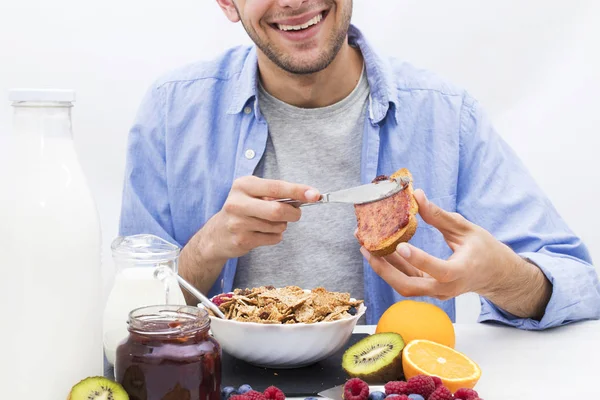 Jonge Ontbijt Dompelen Toast Met Jam Vol Gezonde — Stockfoto