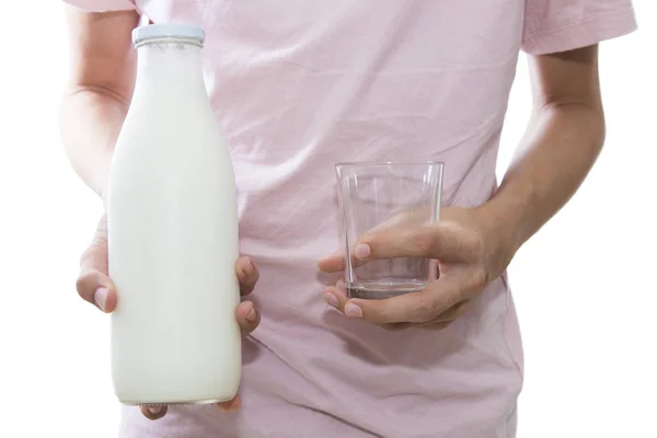 Young Man Bottle Milk Glass Fresh Milk — Φωτογραφία Αρχείου
