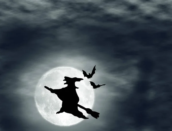 Sfondo Halloween Con Strega Sulla Scopa Sulla Luna Piena — Foto Stock