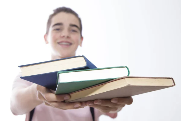 Siswa Muda Dengan Buku Buku Latar Depan Terisolasi Dalam Putih — Stok Foto