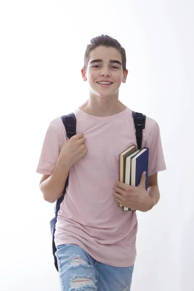 Студент Книгами Рюкзаком Ізольовані Білому Фоні — стокове фото