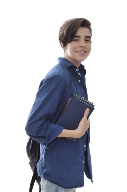 sırt çantası ve beyaz arka planda izole kitap