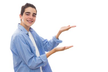 young teenager isolated in white pointing with space for text