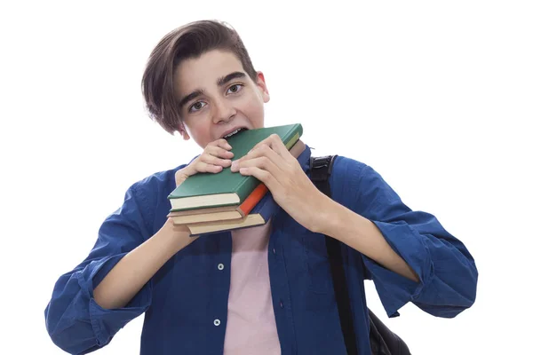 Estudiante Mordiendo Los Libros Aislados Sobre Fondo Blanco —  Fotos de Stock